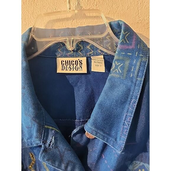 Chico's Design Royal Blue Sequin Button Up Jean Jacket Size 3 Large Aztec Geo - Picture 3 of 4